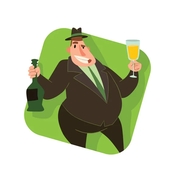 Square frame, funny fat capitalist with champagne — Stock Vector