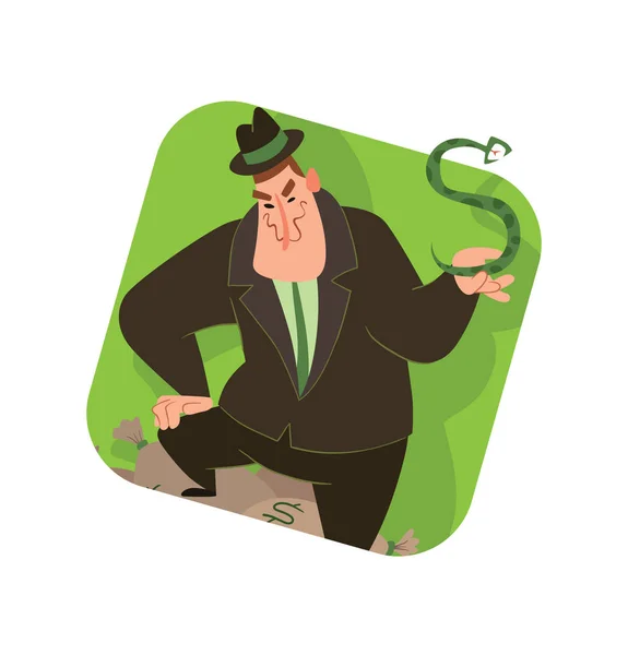 Square frame, funny fat capitalist with a snake — Stock Vector