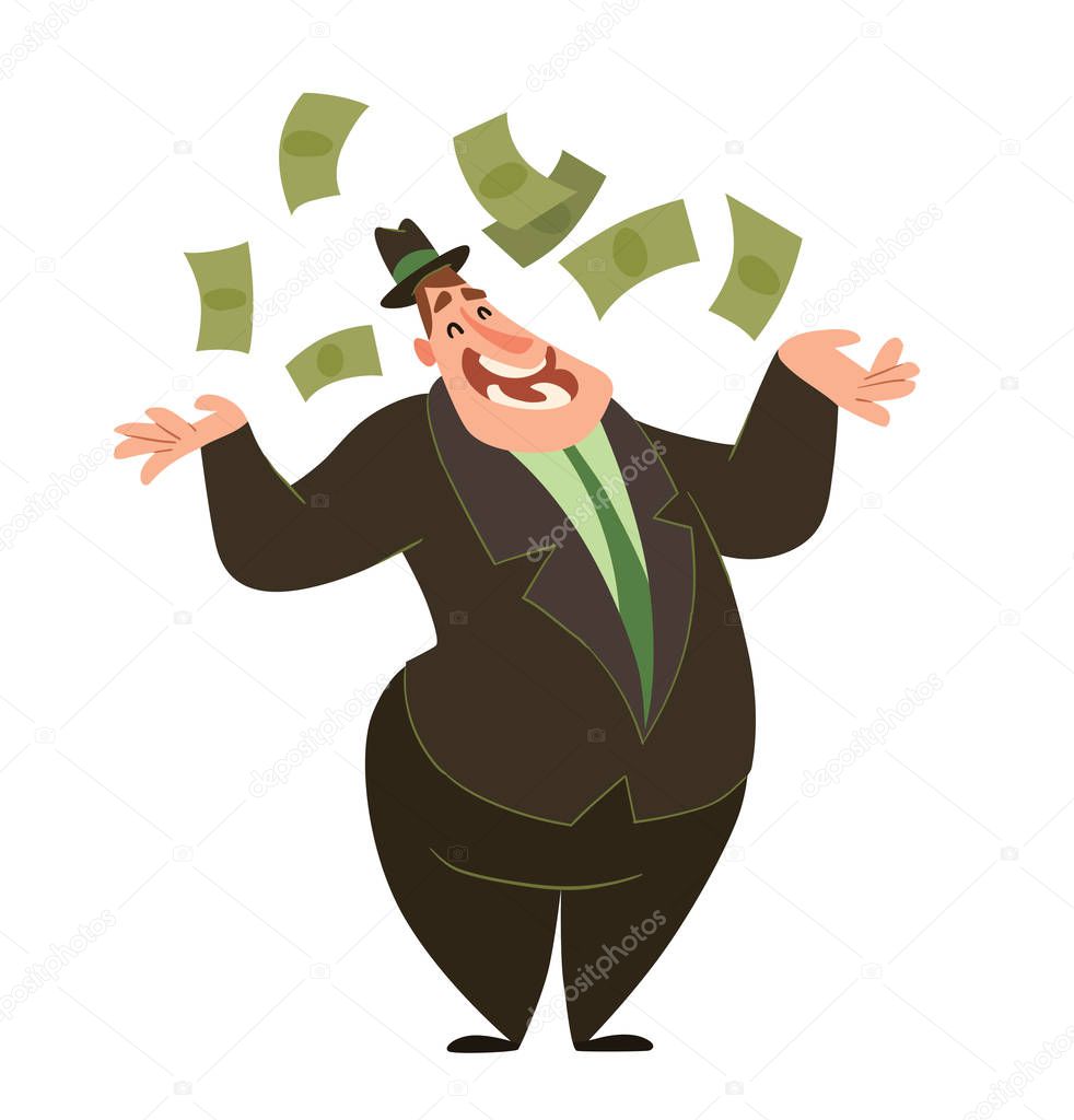 Funny fat capitalist throwing money 