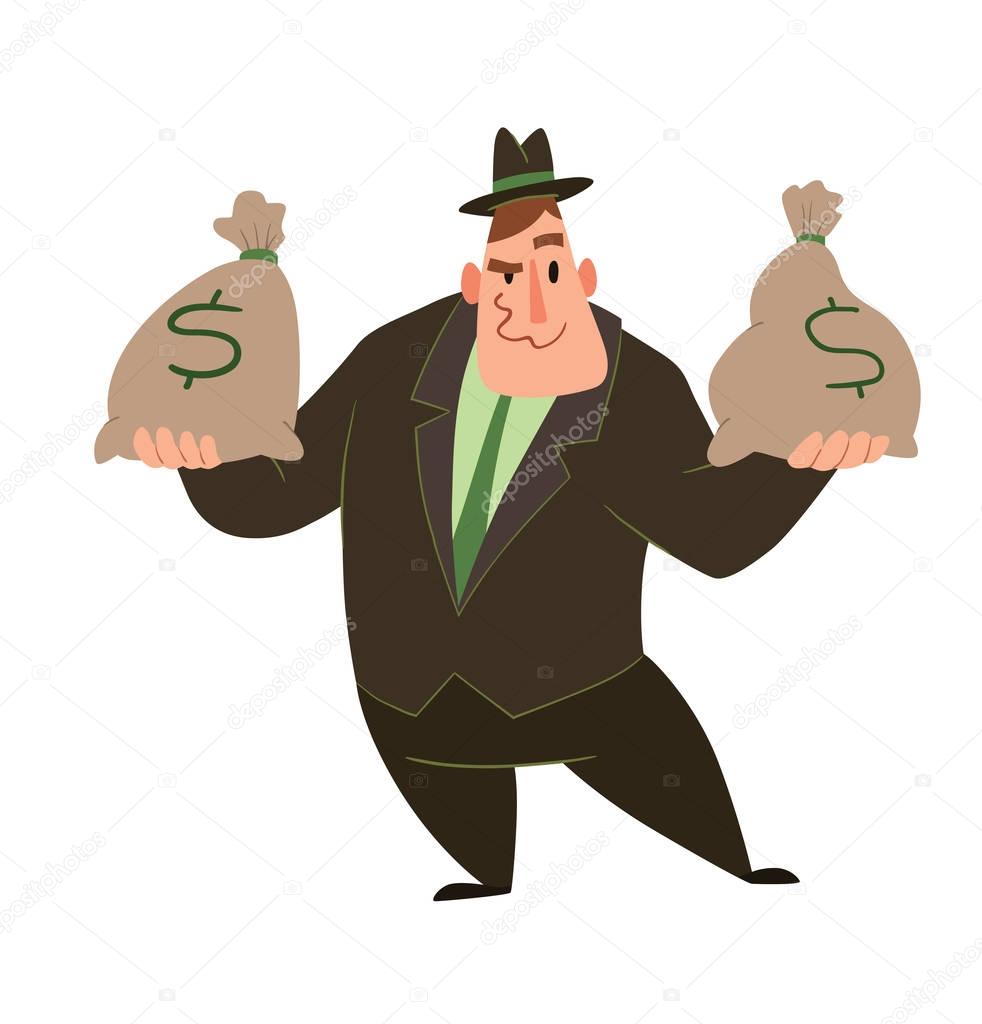 Funny fat capitalist with bags of money