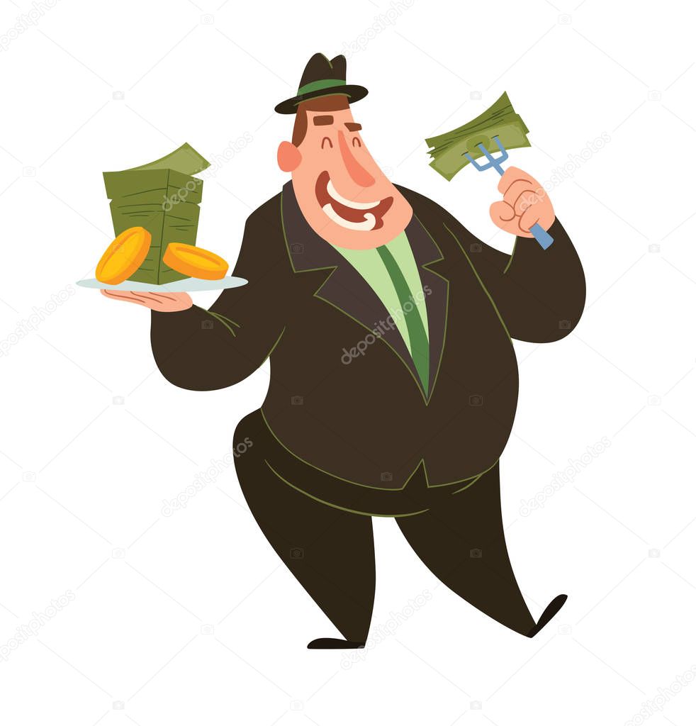 Funny fat capitalist eating money