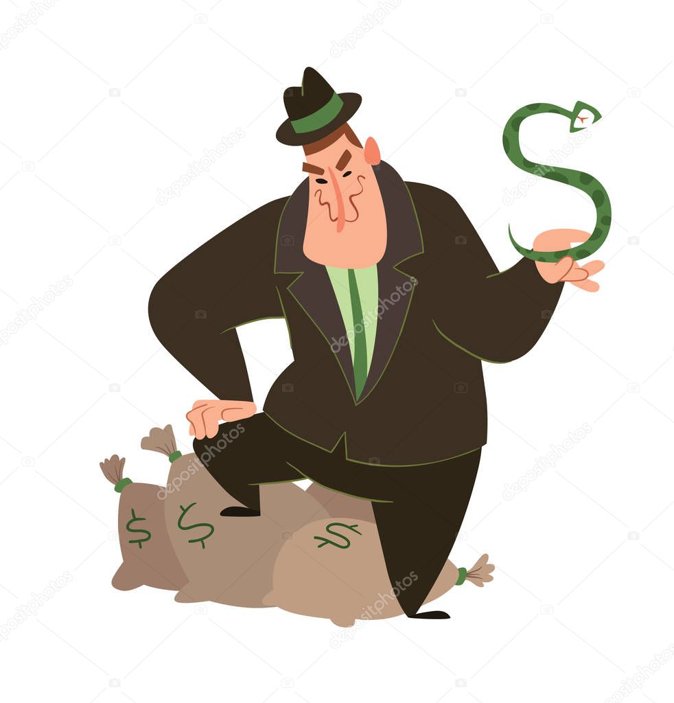 Funny fat capitalist with a snake