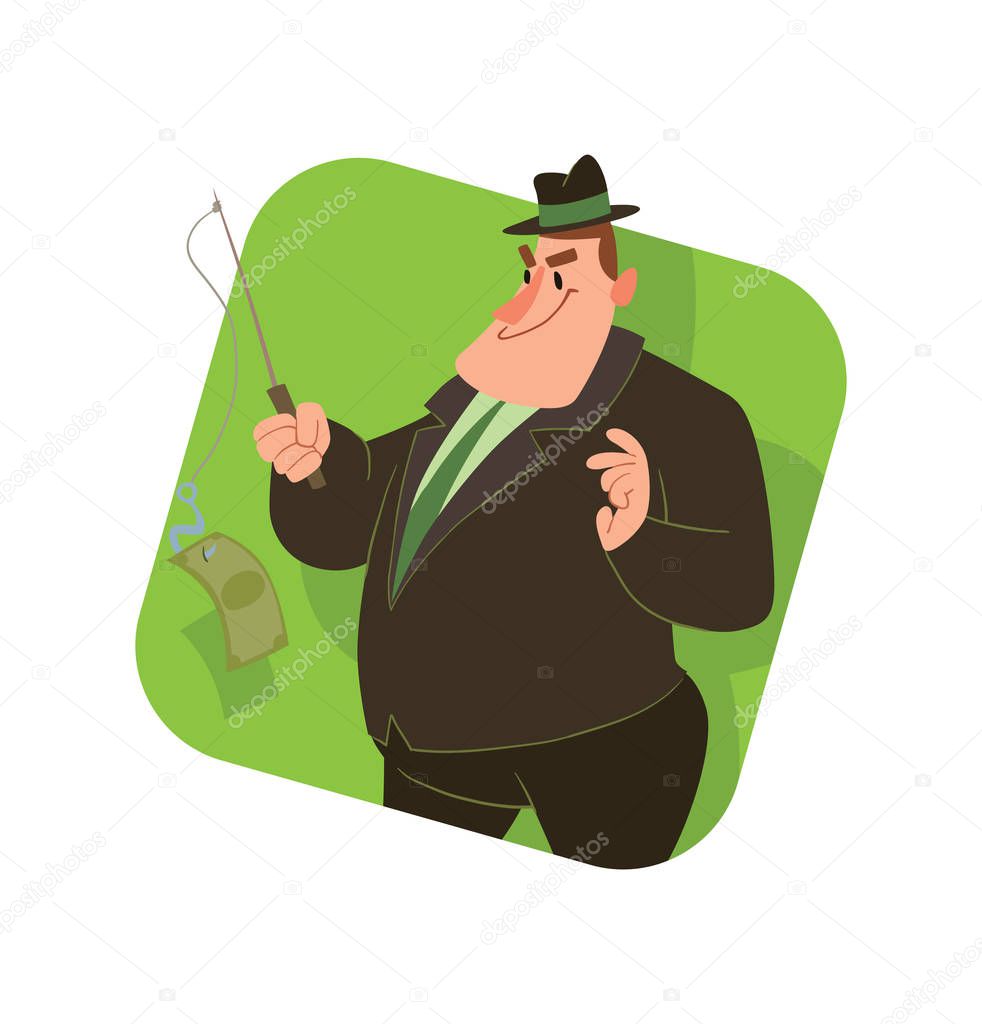 Square frame, funny fat capitalist with a fishing pole