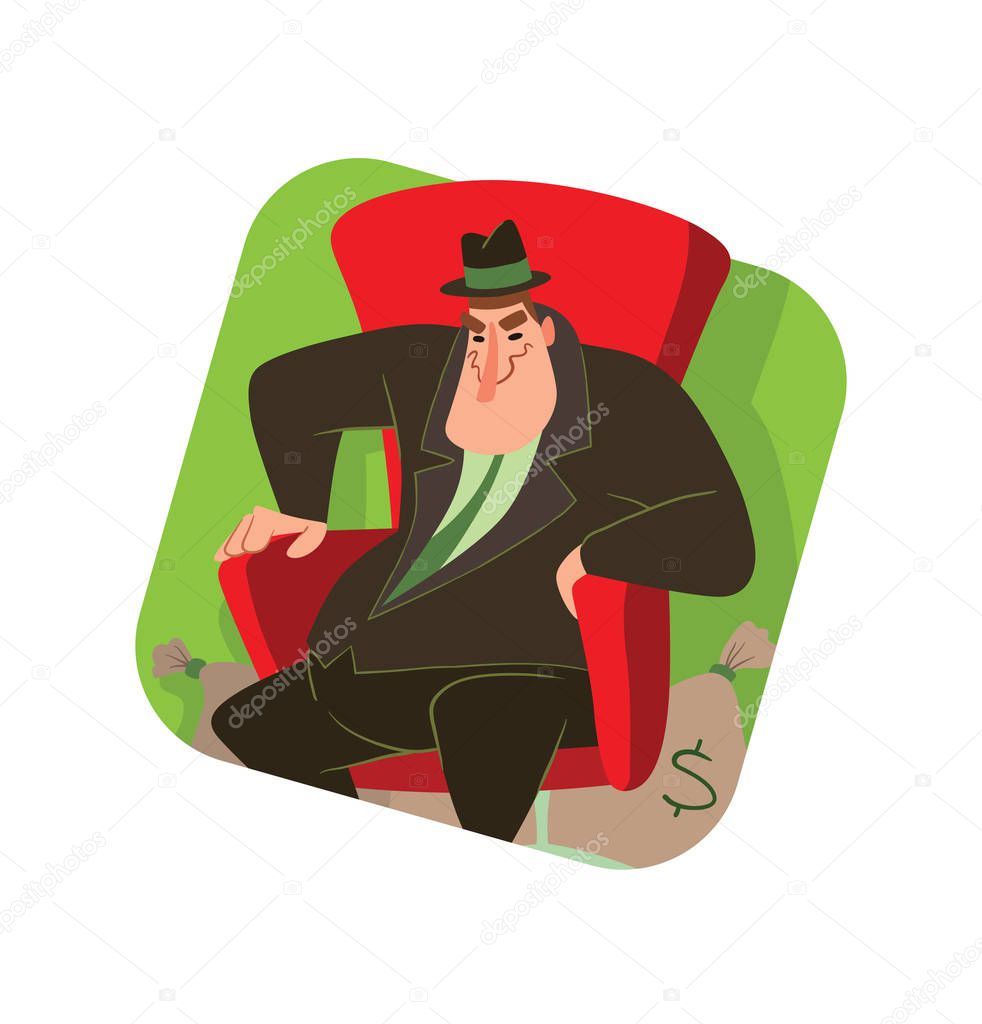 Square frame, funny fat capitalist sitting in a chair