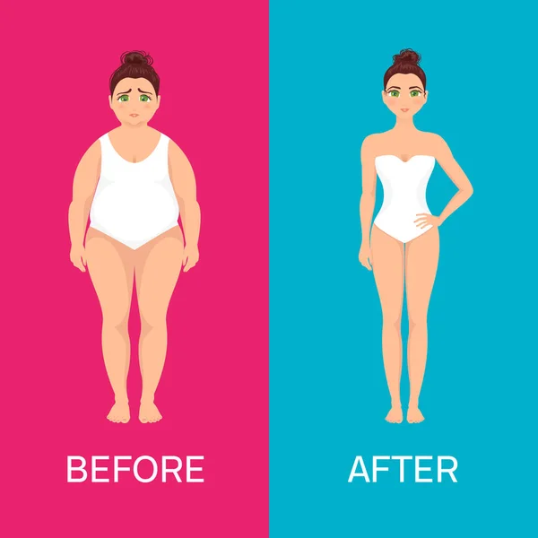 Woman before and after weight loss — Stock Vector