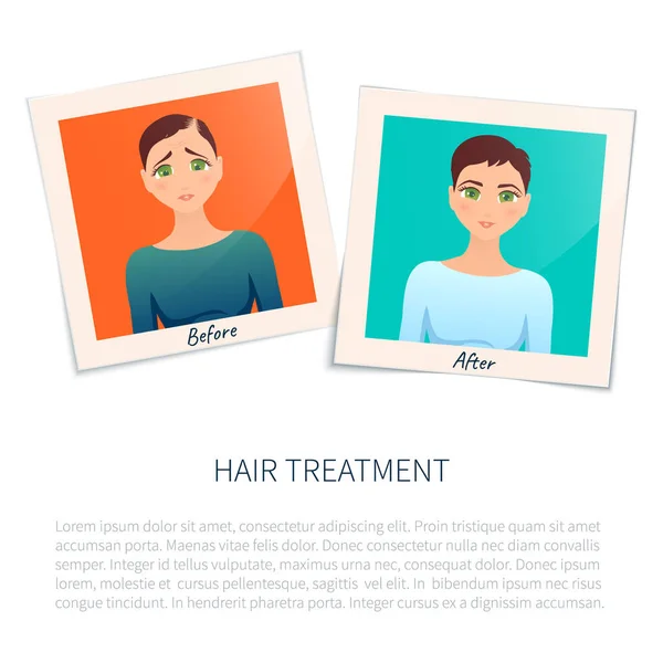 Φωτογραφίες μιας γυναίκας πριν από και μετά τη θεραπεία μαλλιών — Διανυσματικό Αρχείο