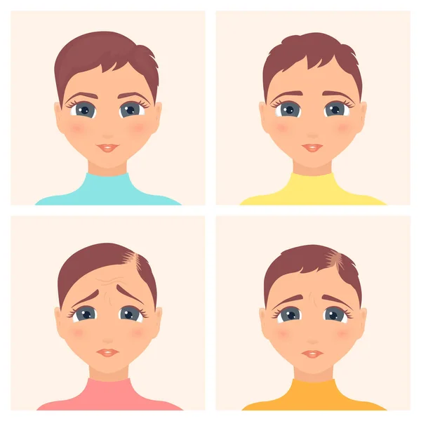 Mujer antes y después del tratamiento de pérdida de cabello en la vista frontal — Vector de stock