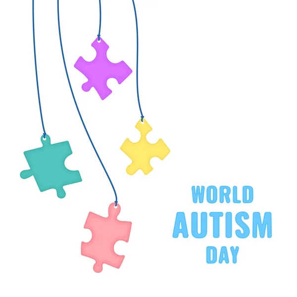 Autism awareness poster with hanging puzzle pieces — Stock Vector