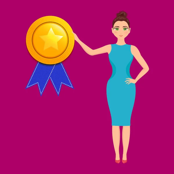 Üzletasszony egy csillag teljesítmény díjat arany érem — Stock Vector