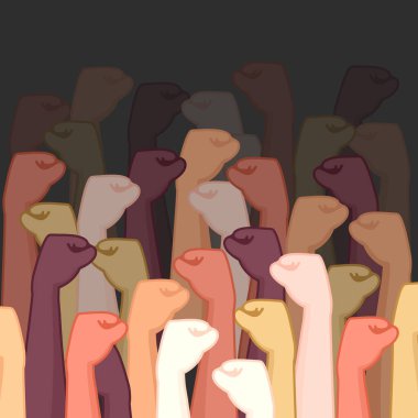 Farklı renkte yumrukları olan bir sürü farklı insan sosyal eşitsizliği ve ırkçılığı protesto ediyor. İnsan hakları kavramı. Koyu arkaplanda çizgi film vektör çizimi.