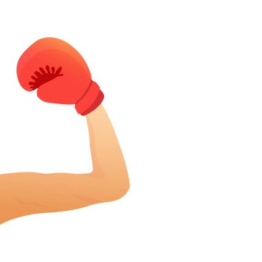 Kırmızı boks eldivenli kadın boksör kaslarını esnetiyor. Kız gücü ve feminizm hareketi konsepti. Güçlü fitness kadını pazılarını gösteriyor. Çizgi film vektör illüstrasyonu.
