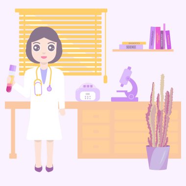 Tıp laboratuarındaki doktor. Çizgi film posteri.