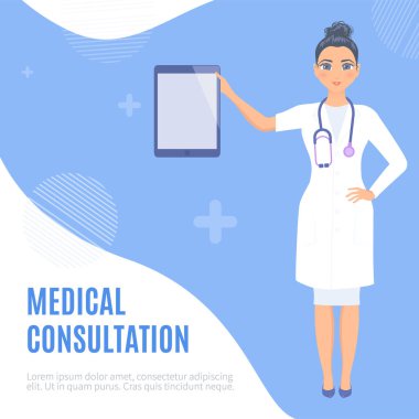 Çevrimiçi tıbbi danışmanlık servisi posteri. Kadın bir doktor.