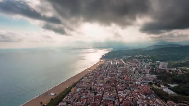 Sonnenuntergang Barcelona Bay City Lichter Antenne Doppelpanorama 4k Zeitraffer Spanien Stockvideo C Timestock22