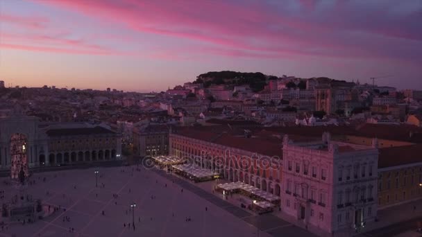 Вечерний Закат Небо Лисбон Город Известный Площади Воздушной Панорамы Португалия — стоковое видео