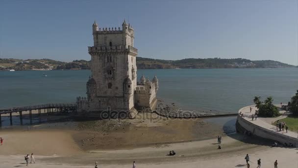 Summer Sunny Day Lisbon City Famous Belem Tower Bay Aerial — Stok Video