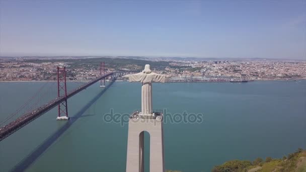 Día Lisbon Ciudad Christ Rey Famoso Monumento Aéreo Panorama Portugal — Vídeo de stock
