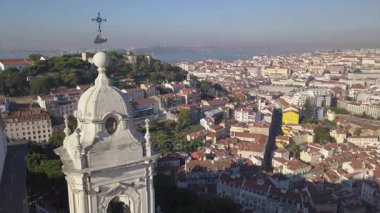 sunny day lisbon cityscape church tower top aerial panorama 4k portugal