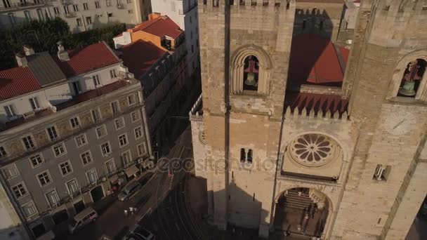 Čas Západu Slunce Lisbonské Město Slavný Katedrála Letecké Panorama Portugalština — Stock video