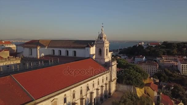 Čas Západu Slunce Lisbonské Město Hrad Letecké Panorama Portugalština — Stock video