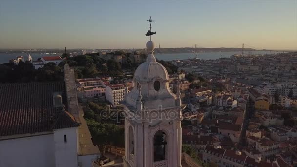 Naplemente Szürkület Lisbon Híres Torony Tetején Lisbon Város Légi Panoráma — Stock videók