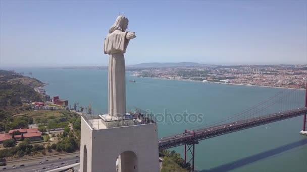 Slunečný Den Lisbonské Město Kristus Král Památník Letecké Panorama Portugalština — Stock video
