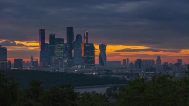 Sunset sky moscow modern city rooftop aerial panorama 4k time lapse russia — Stock Video