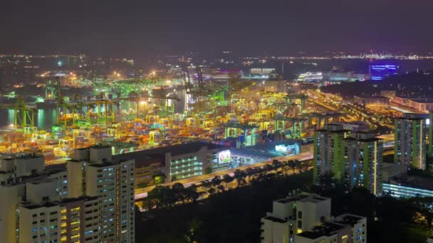 Éjszakai világító Szingapúr híres működő port tetőtéri panoráma 4k idő telik el — Stock videók