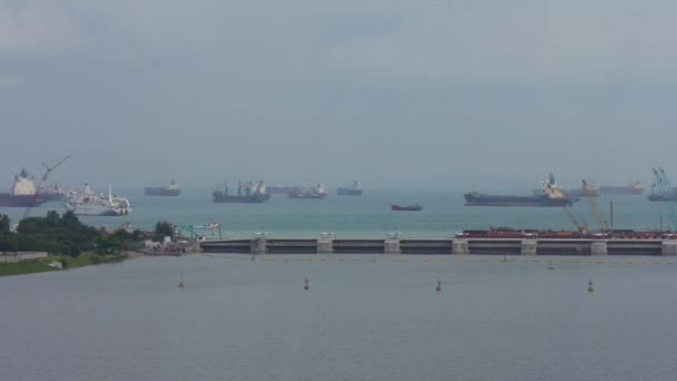 Night illuminated singapore port and bay cargo boats rooftop panorama 4k time lapse — Stock Video