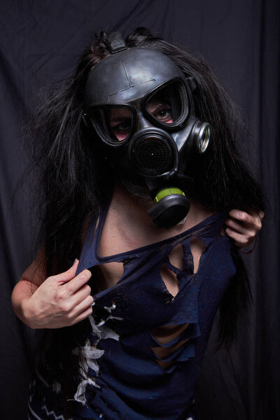 Girl in a gas mask, pandemic virus covid2019