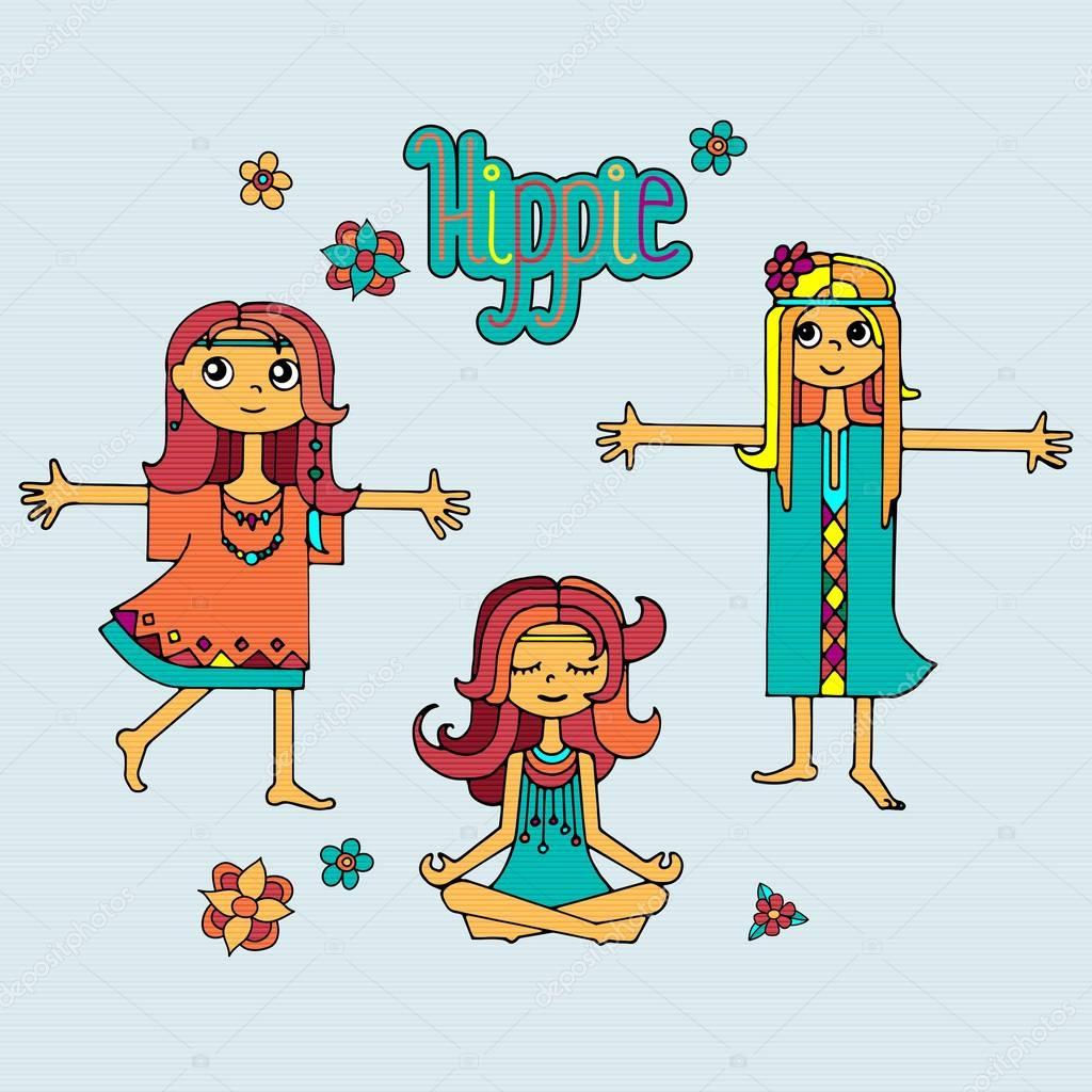 Gruppo di ragazze del hippie felice con lettering e fiori luminosi colorate vettoriale disegnato a mano Illustrazione di amore e di pace — Vettoriali di