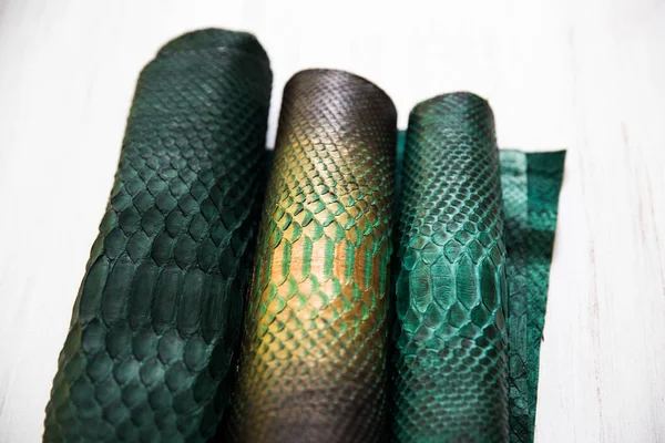 Three different tones of trendy green painted snake python skin surface texture close up for background and wallpaper