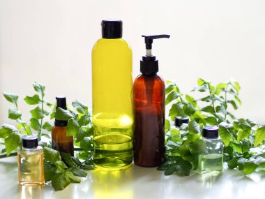 Kozmetik şişe kapları ve beyaz arka planda yeşillik. Doğal organik ürün. Güzellik blogcusu, salon terapisi, markalaşma modeli, minimalizm konsepti.. 