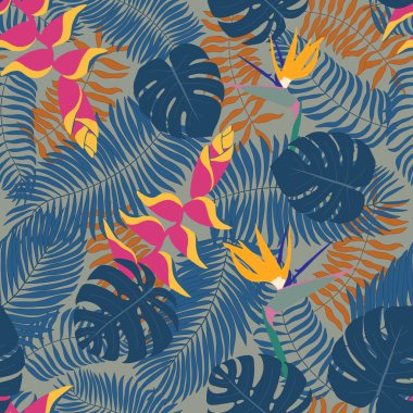 Çizilmiş tropikal yaprak ve çiçek ile Seamless Modeli