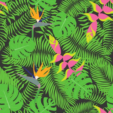 Çizilmiş tropikal yaprak ve çiçek ile Seamless Modeli