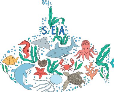 Elle çizilmiş doodle set deniz yaşam. 