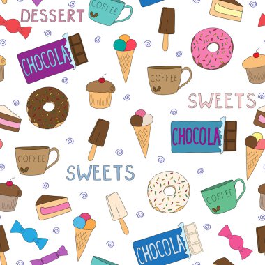Vektör seamless modeli. Elle çizilmiş doodle kümesi tatlılar.