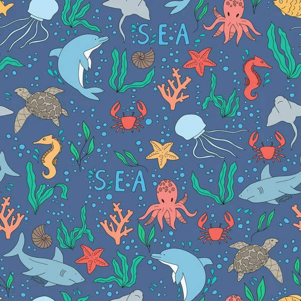 Vector naadloze patroon. Hand getrokken doodle set van sea life — Stockvector