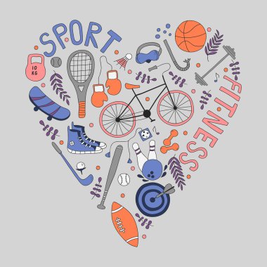 Hobiler ve spor şeyler çizilmiş doodle kümesi. 