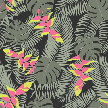 Çizilmiş tropikal yaprak ve çiçek ile Seamless Modeli