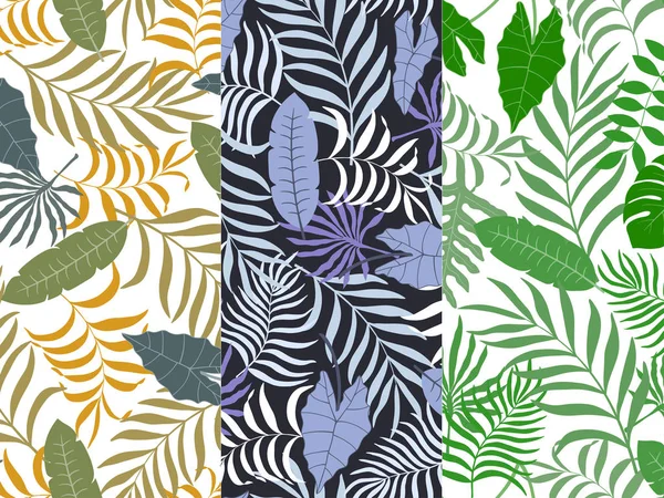 Conjunto de tres patrones florales sin costuras. Fondo tropical con hojas de palma — Vector de stock