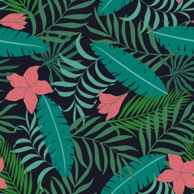 Palmiye yaprakları ve çiçekleri ile tropikal arka plan. 