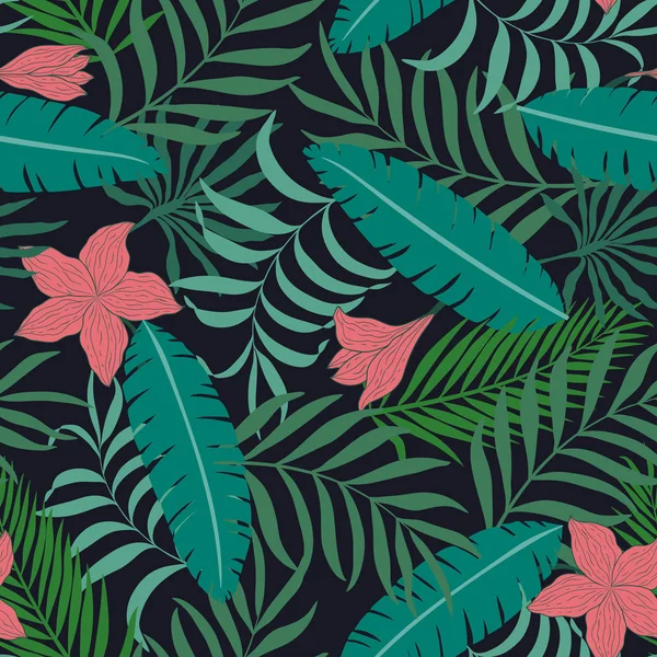 Тропический фон с пальмовыми листьями и цветами . — стоковый вектор
