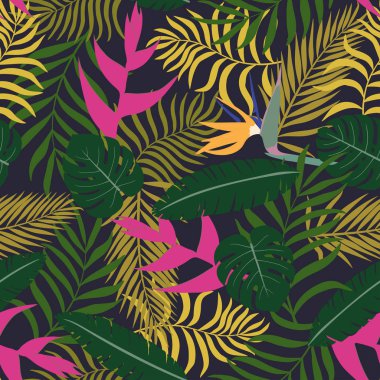 Palmiye yaprakları ve çiçekleri ile tropikal arka plan. 