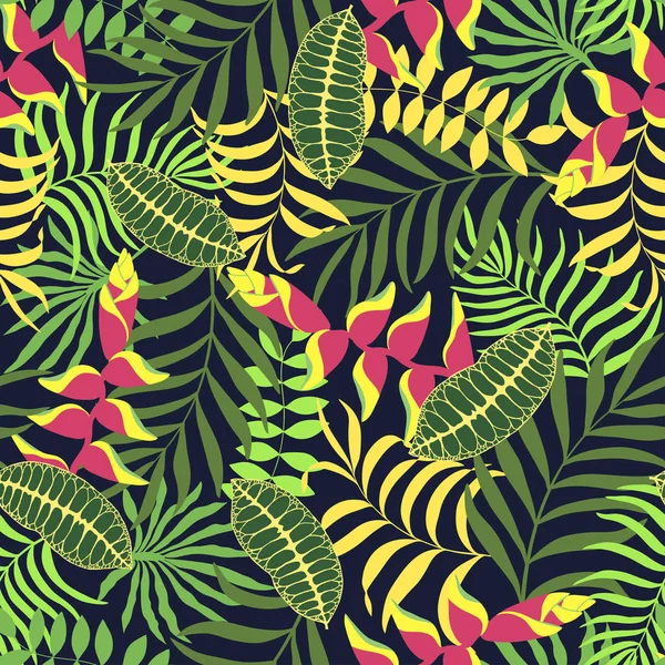 Tropische achtergrond met palmbladeren en bloemen. — Stockvector