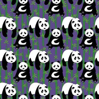 Dikişsiz soyut desen ile sevimli pandalar çizilmiş. Arka plan bambu ile Ultra violet renkli
