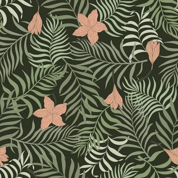 Fondo tropical con hojas de palma y flores. Patrón floral sin costuras . — Archivo Imágenes Vectoriales