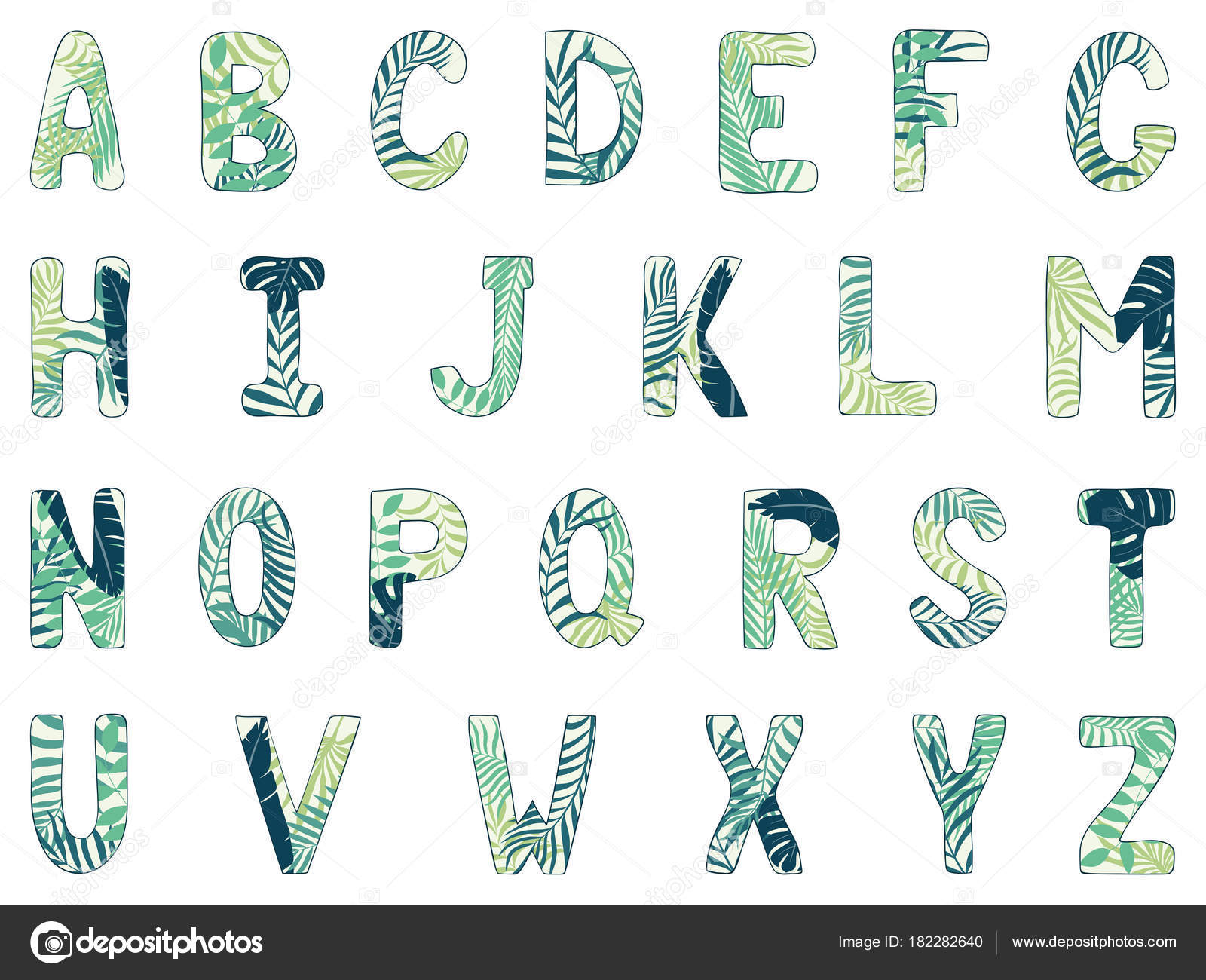 English alphabet. Capital letters. Hand drawn tropical font — Stock ...