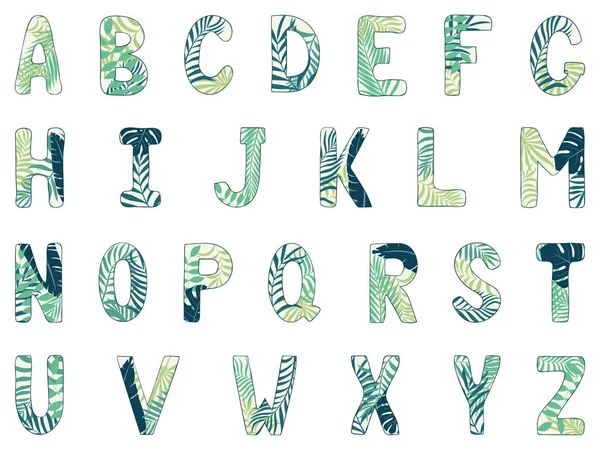 Englisches Alphabet. Großbuchstaben. handgezeichnete tropische Schrift — Stockvektor