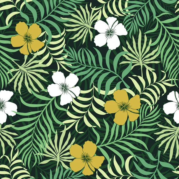 Palmiye yaprakları ve çiçekleri ile tropikal arka plan. Sorunsuz çiçek desenli. — Stok Vektör